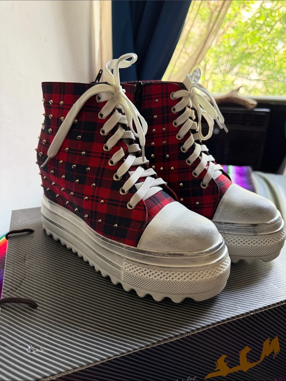 Red Plaid Studded Platform High-Top Sneakers with White Trim